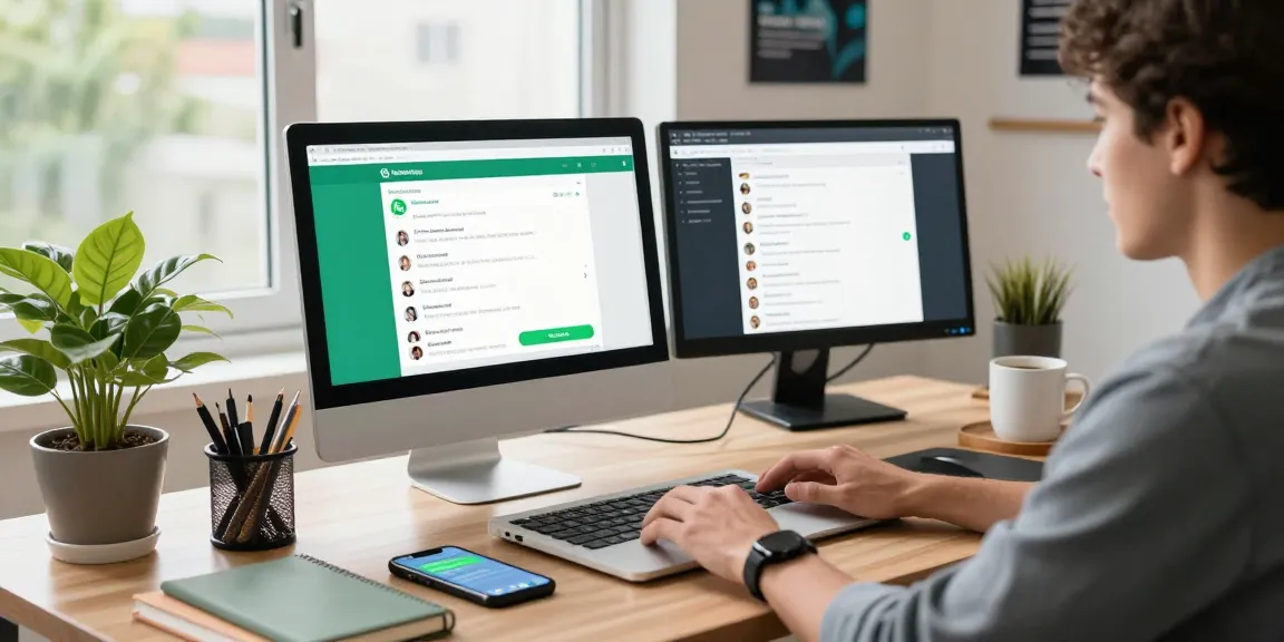 Engaged user exploring WhatsApp電腦版 features on a modern desktop setup with vibrant workspace.