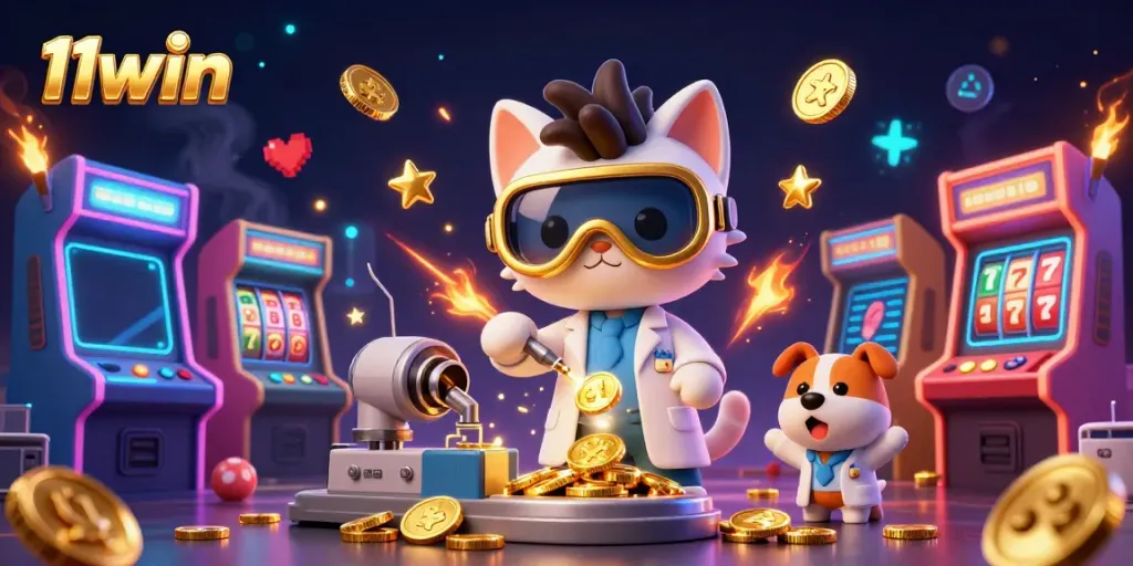 Win big with 11win: animated scene showcasing a mad scientist cat and dog creating a gold-coin machine.