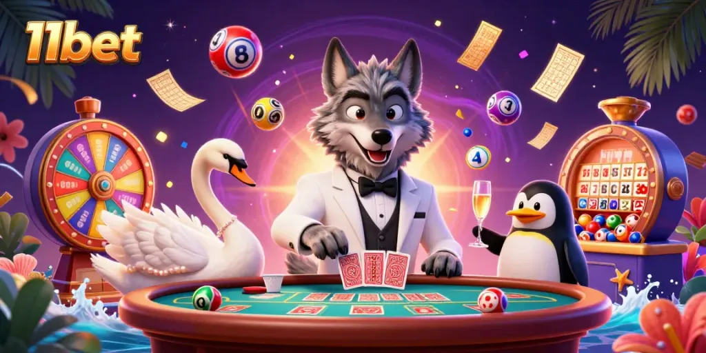 Experience dynamic gambling at 11bet with lively characters at a baccarat table surrounded by vibrant casino elements.