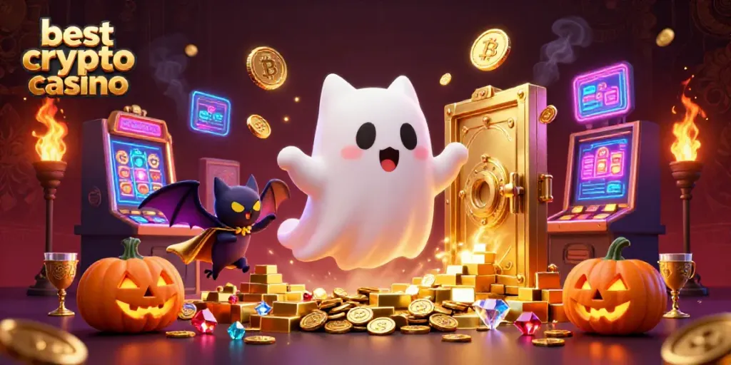 Vibrant scene of a friendly ghost cat and a vampire bat in a crypto casino, showcasing the best crypto casino themes.