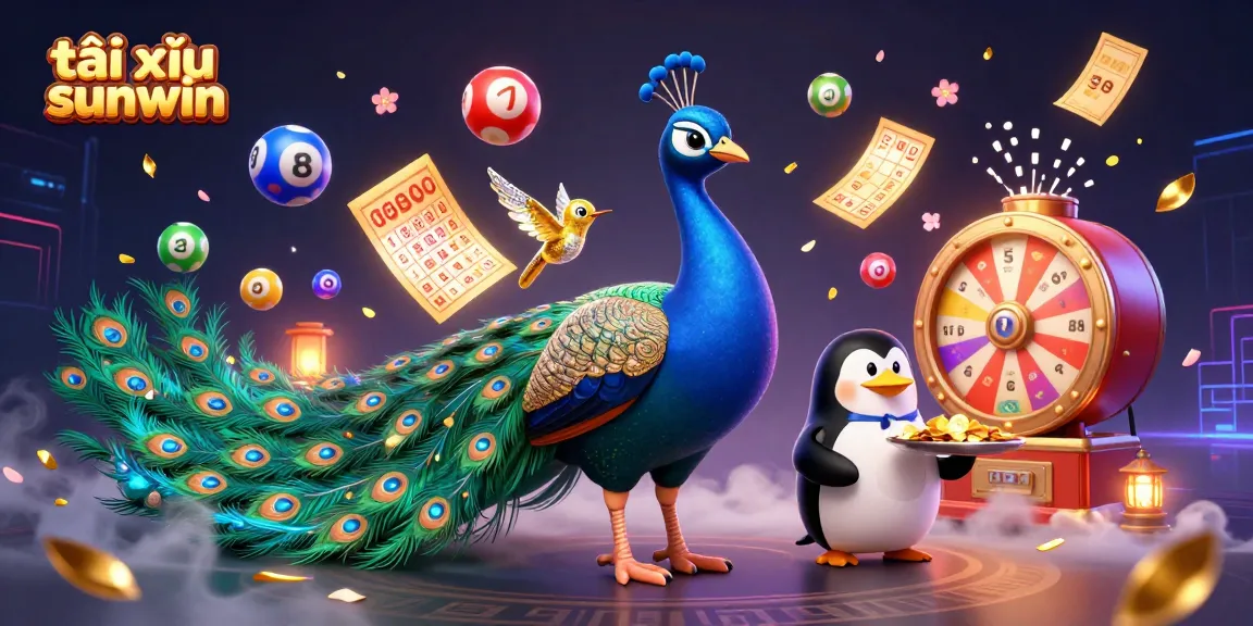 Engaging action of tài xỉu sunwin with animated elements like lottery balls, vibrant prize wheels, and a peacock