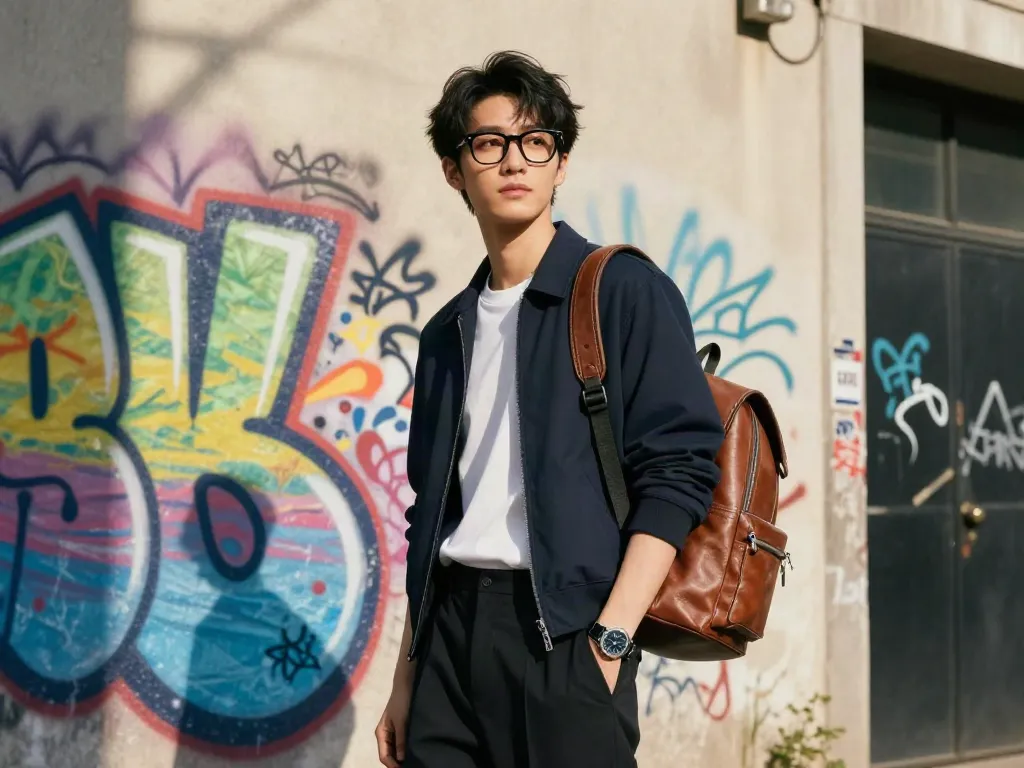 Urban fashion style with trendy óculos de grau on a young professional.