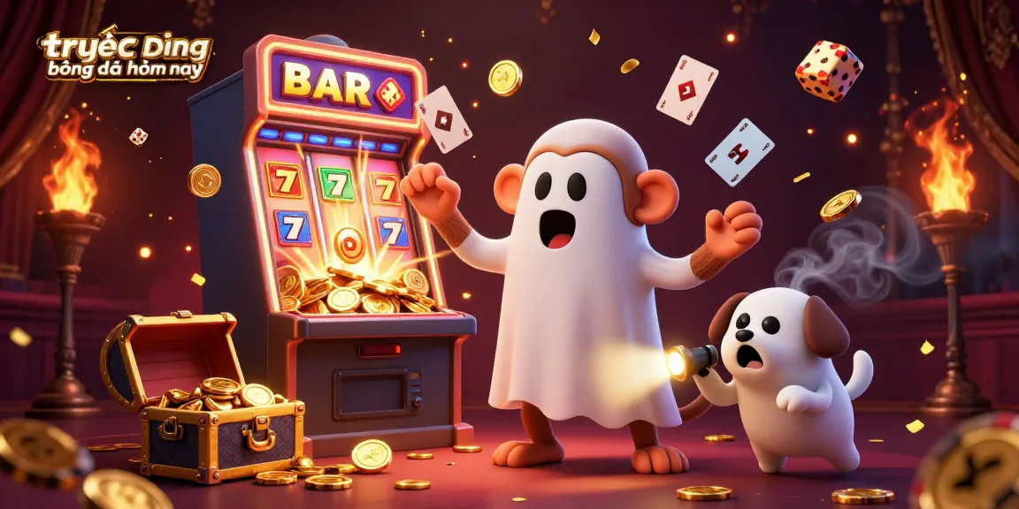 Watch trực tiếp bóng đá hôm nay with a lively poltergeist monkey and ghost-hunter puppy in a bustling casino.