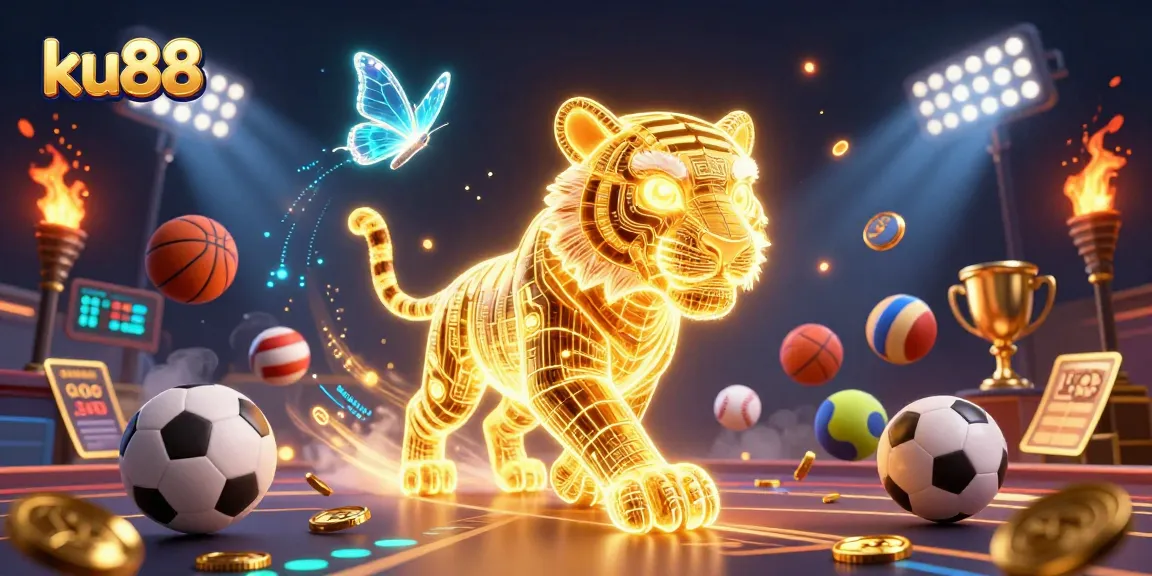 Engage with ku88's dynamic sports betting scene featuring a golden tiger and vibrant game elements.