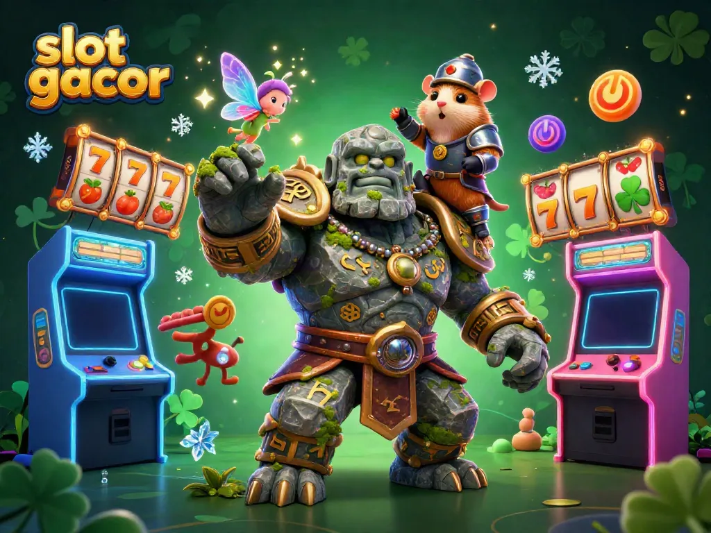 Experience the magic of slot gacor in this vibrant 3D illustration with a golem, fairy, and hamster knight.