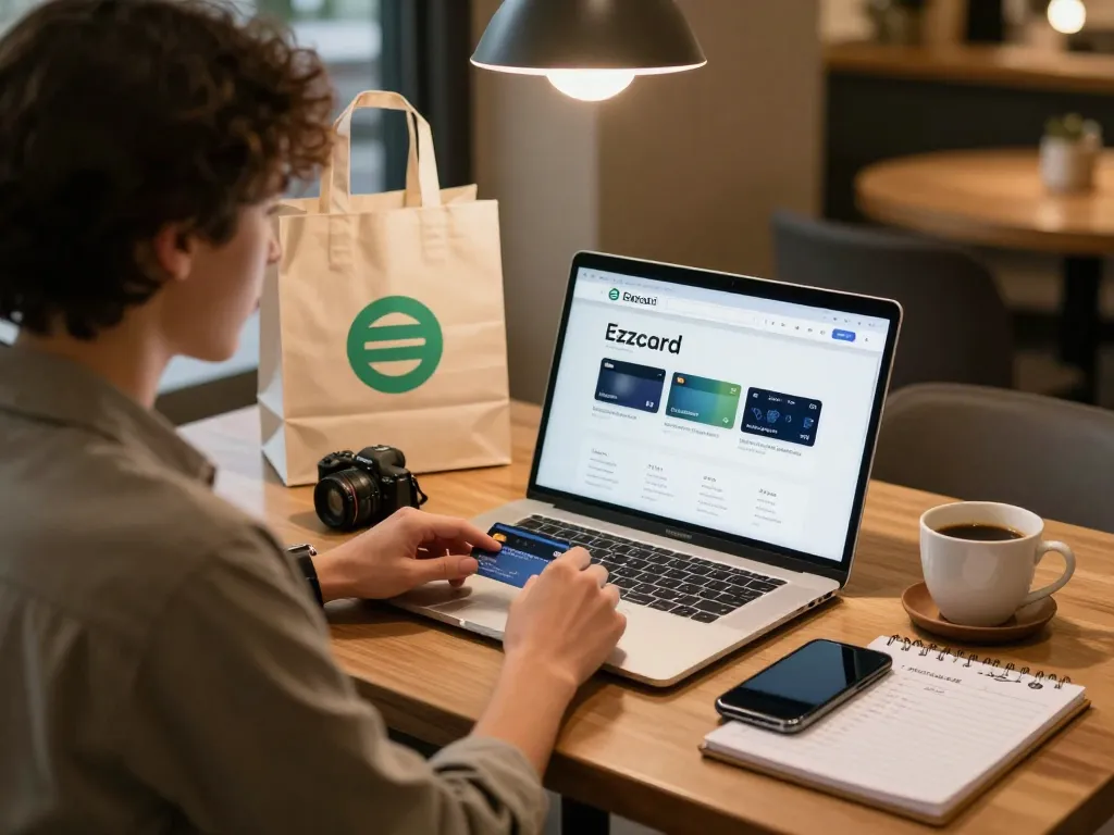 Buy ezzocard in a cozy café with a professional purchasing virtual prepaid cards on a laptop, showcasing a digital shopping lifestyle.
