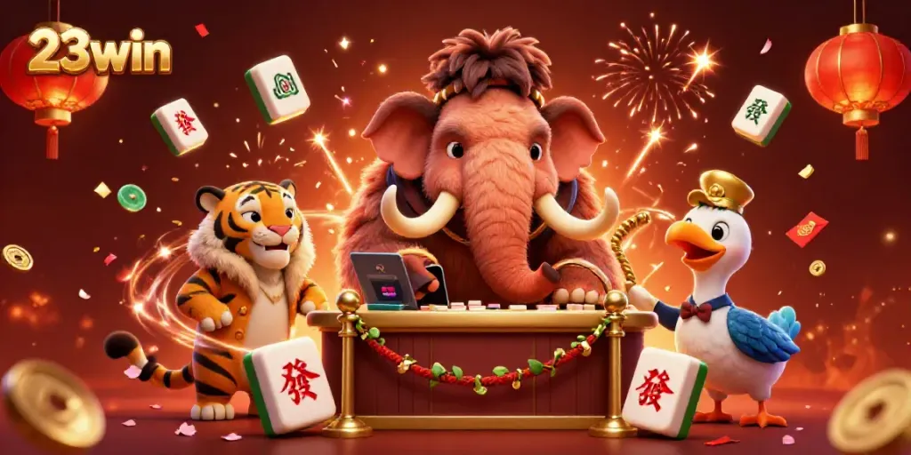 Experience the excitement of 23win with a captivating casino scene featuring unique characters and festive decorations.