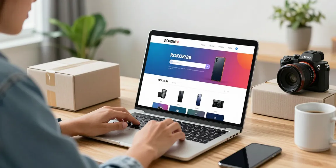 ROKOK88 login experience with a person accessing the platform from a home office, surrounded by electronic products, emphasizing the e-commerce environment.