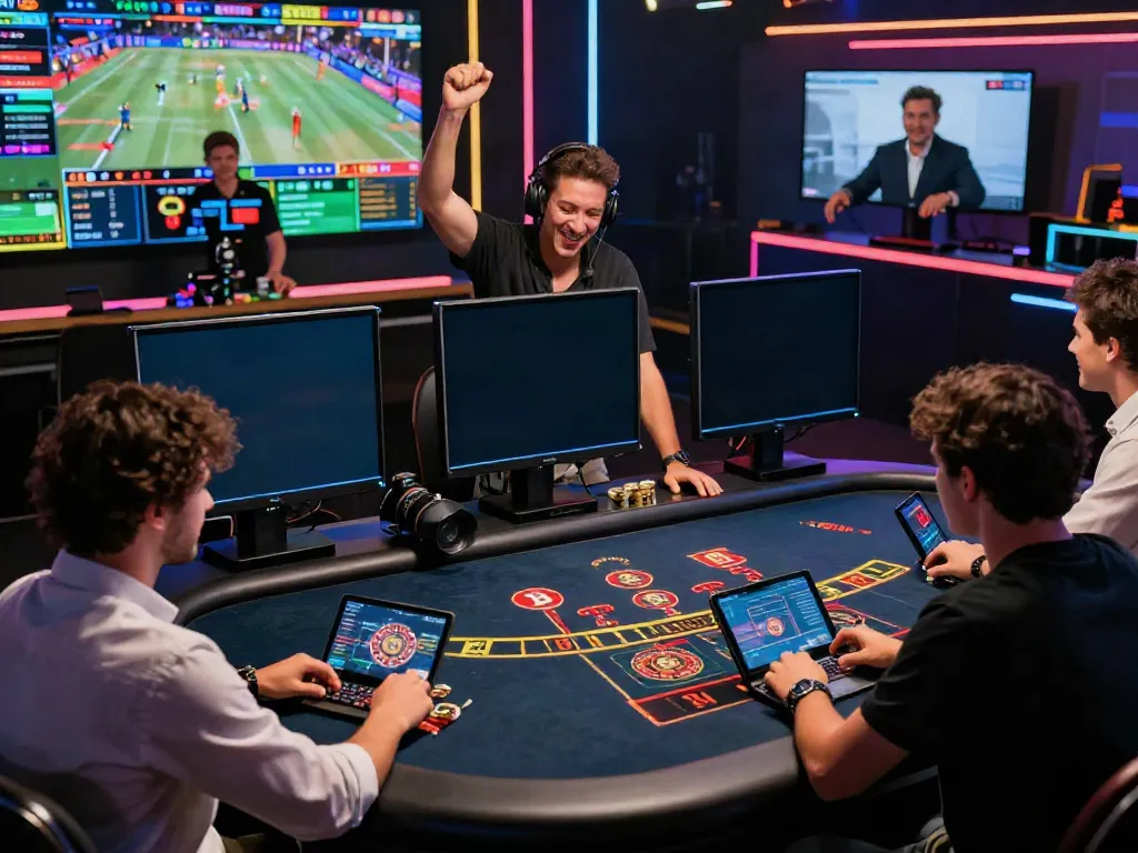A lively online gaming scene showcasing net88 users enjoying sports betting and casino games together.