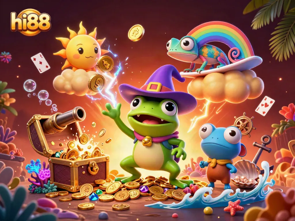 Spin and win at hi88 with a vibrant 3D casino scene filled with gold coins and stunning characters.