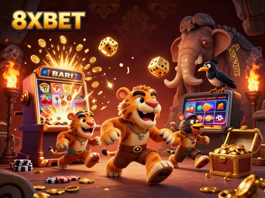 Experience thrilling gameplay at 8XBET with captivating 3D casino characters amid jackpot excitement.