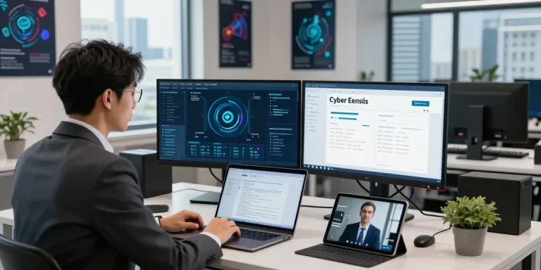 Cyber specialist reviewing analytics on how to get cyber essentials certified in a modern office.