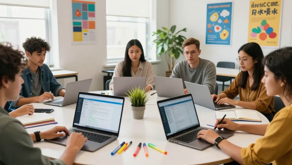 Teachers utilizing EMStudio online teacher planner for lesson planning, attendance tracking, and curriculum management in a collaborative workspace.