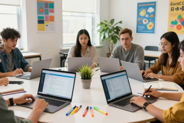 Teachers utilizing EMStudio online teacher planner for lesson planning, attendance tracking, and curriculum management in a collaborative workspace.