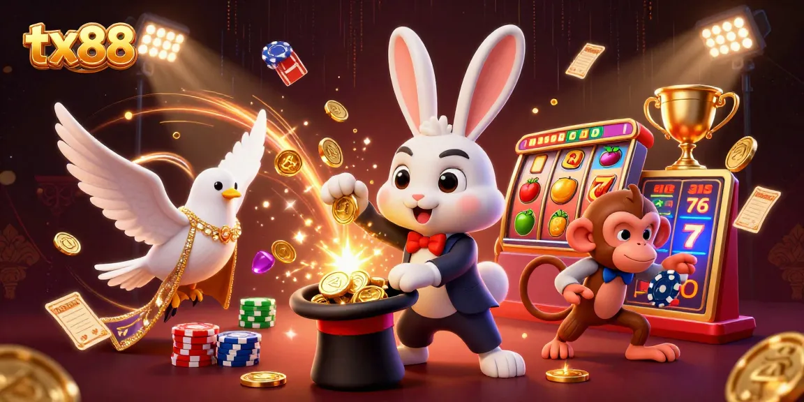 Experience the excitement of tx88 with a vibrant scene featuring a magician rabbit pulling coins, exciting gaming elements, and rich visuals.