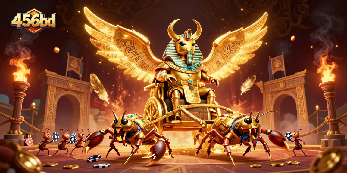 Engage in thrilling gameplay at 456bd with a vibrant 3D casino scene featuring a golden scarab beetle and scorpions.