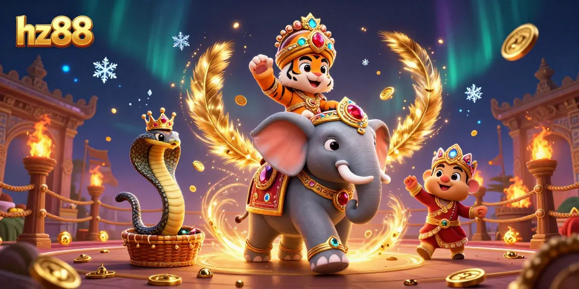 Experience thrilling action at hz88 with a vibrant 3D scene showcasing a tiger, elephant, and cobra in a dazzling casino setting.