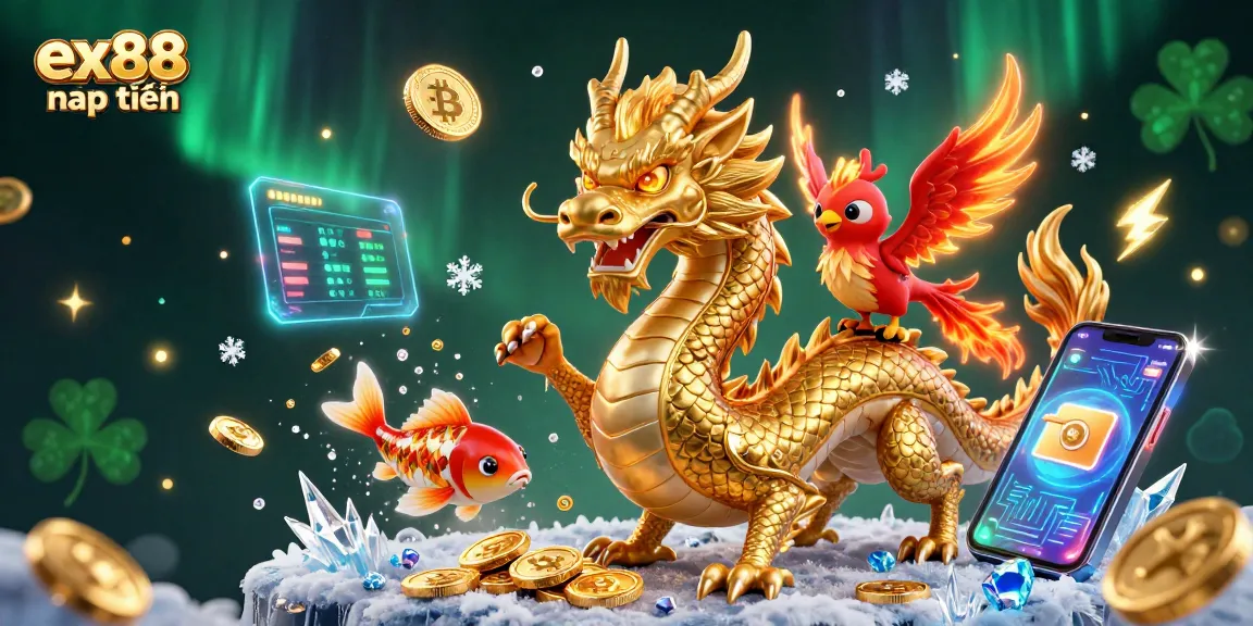 Experience ex88 nạp tiền with a vibrant illustration of dragons, phoenixes, and coins!