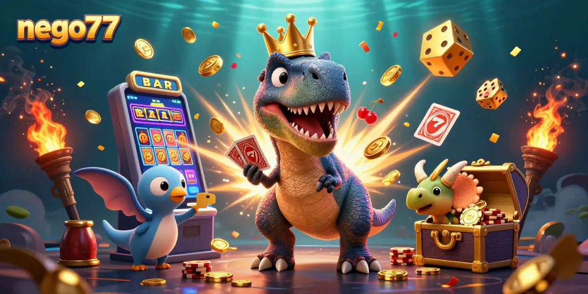 Win big with nego77 as a friendly T-Rex and pterodactyl shuffle cards amidst soaring jackpots.