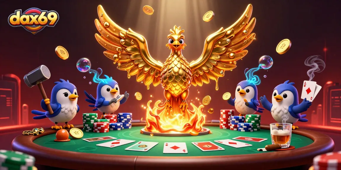 Permainan kasino dax69 yang menarik dengan ilustrasi phoenix emas dan chip poker berwarna-warni.