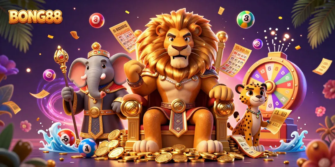 BONG88's fierce lion king commands the casino scene with vibrant lottery elements and excitement.