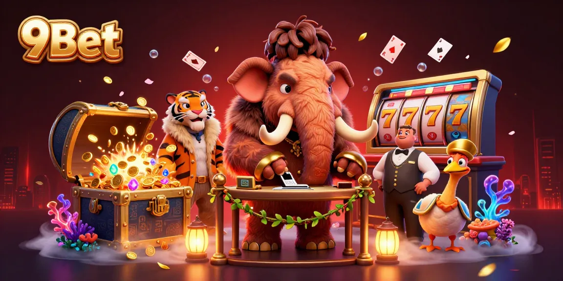 Experience the vibrant 9Bet casino scene with a woolly mammoth checking IDs among dynamic gaming elements.