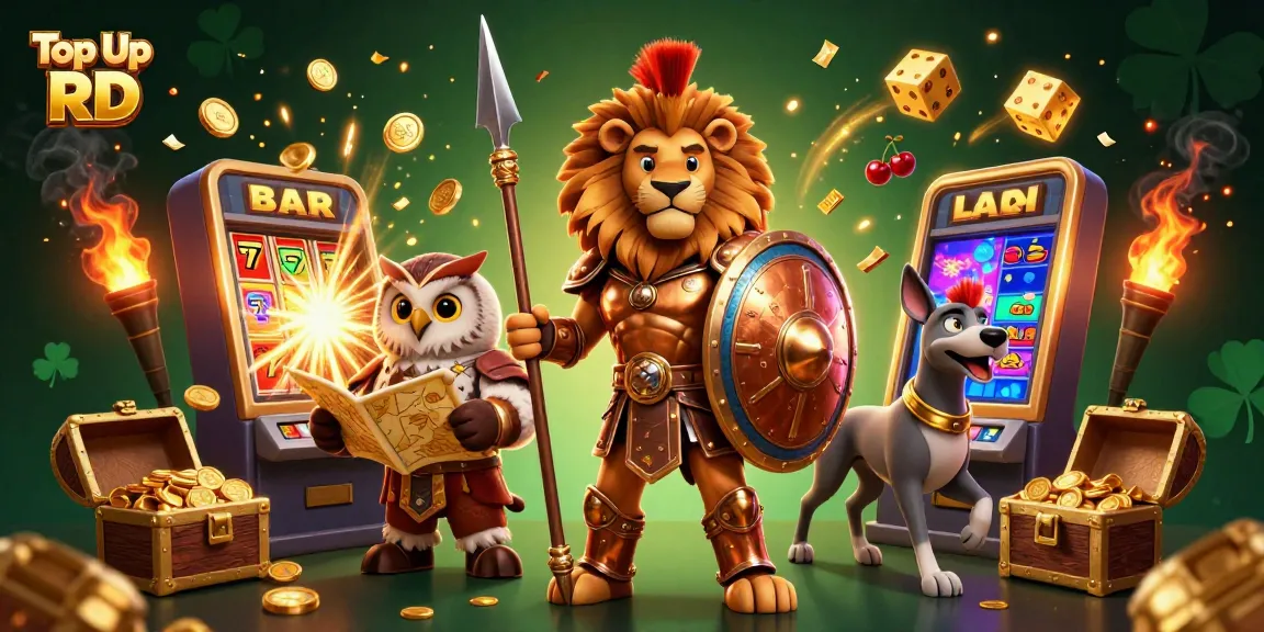 Top Up RD dengan koin emas dan mesin slot dalam ilustrasi 3D yang dinamis