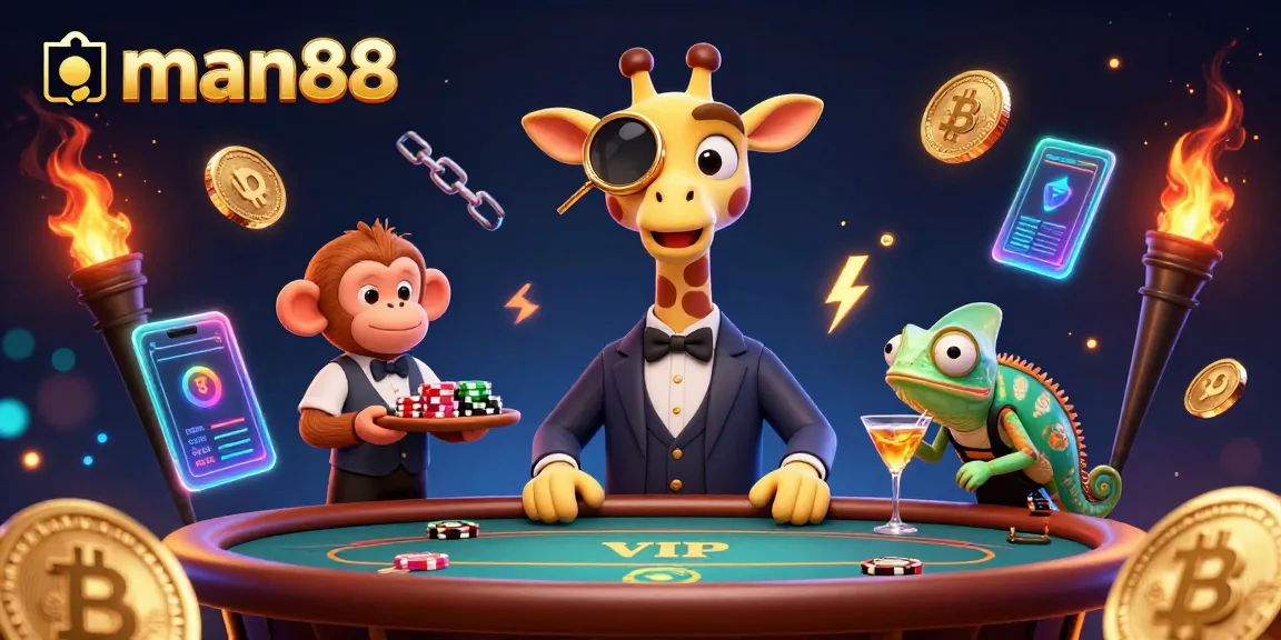 Join the fun at man88 with a high-roller giraffe and friends playing poker amidst vibrant crypto elements.