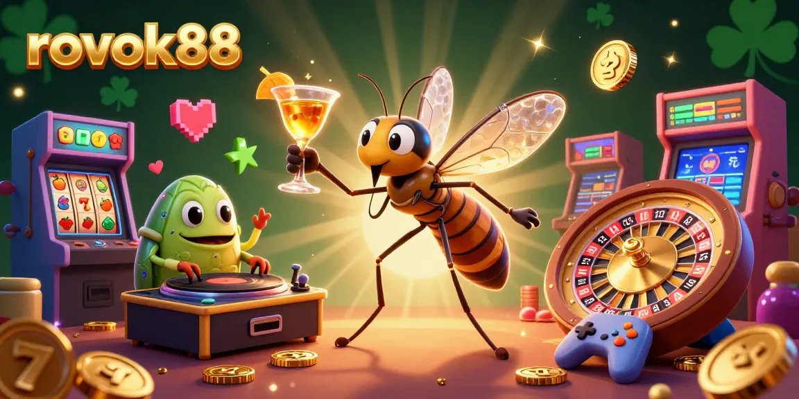 Experience the vibrant world of rokok88 casino with a cartoon insect mascot, DJ, and roulette wheel.