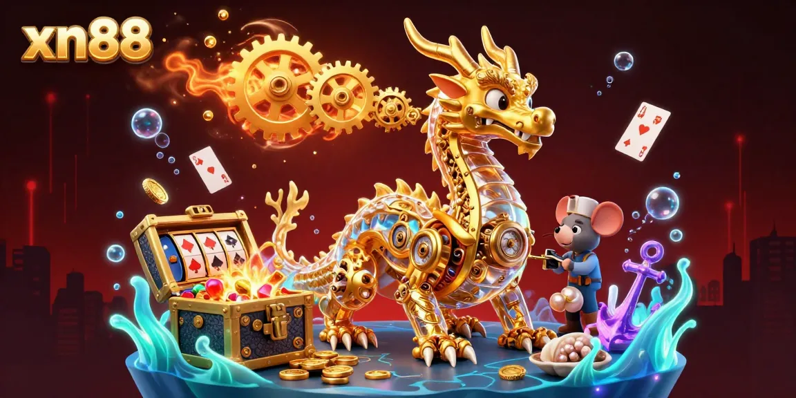 Play slots and win big with xn88's immersive underwater gaming scene featuring a golden dragon and vibrant treasures.