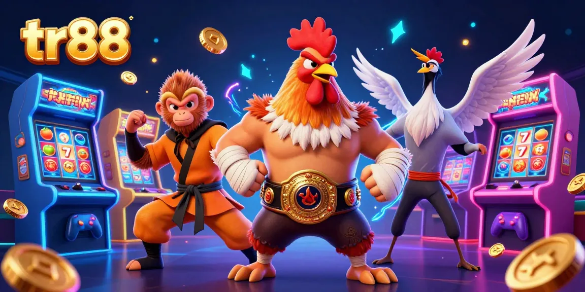 Join the fray with tr88 as the Muay Thai rooster and martial artists battle amidst a vibrant casino showdown.