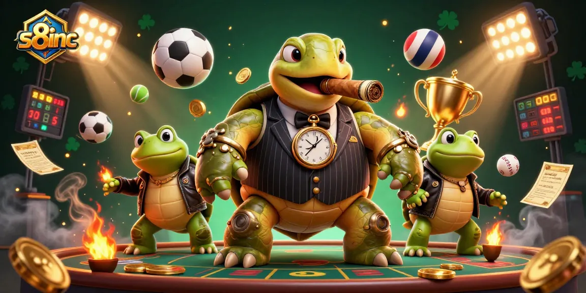 S8inc showcases an engaging casino scene with a unique cartoon turtle in a mobster suit and dynamic sports elements.