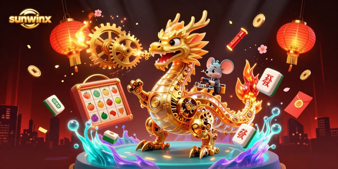 Engage with slots action at sunwinx featuring a golden dragon, slot reels, and festive elements.