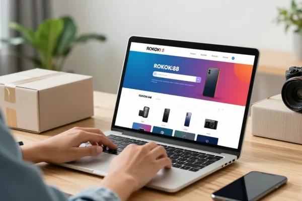 ROKOK88 login experience with a person accessing the platform from a home office, surrounded by electronic products, emphasizing the e-commerce environment.