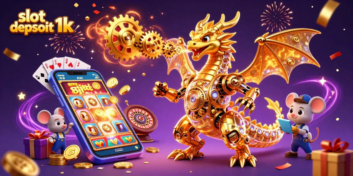 Win big with slot depsoit 1k amidst a magical casino scene of a dragon and games.