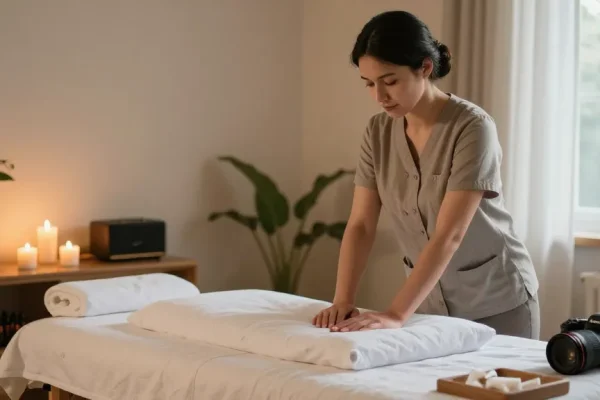 Professional 용인출장안마 therapist preparing a relaxing home massage setup with calming elements.