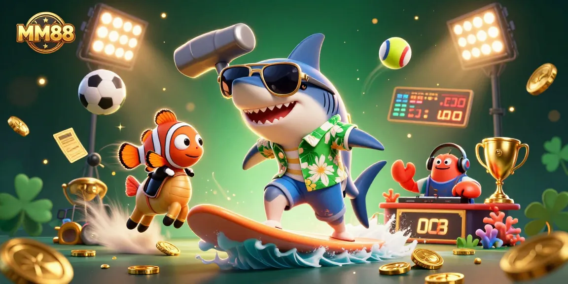 Experience MM88 excitement with a vibrant 3D casino scene featuring animated characters and gold coins