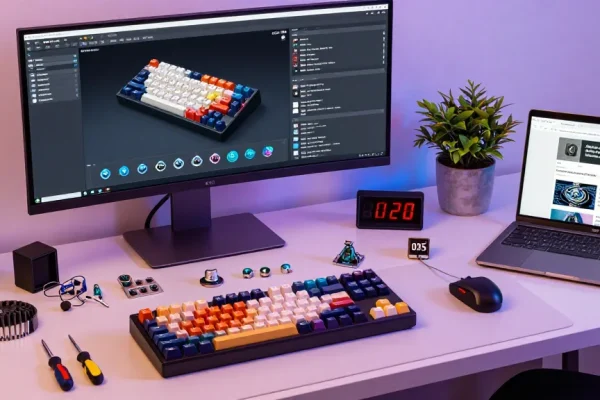 Assembling a custom keyboard setup with Hall Effect switches, showcasing vibrant keycap collections and tools.