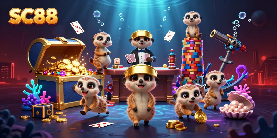 Experience the excitement of SC88 Casino with playful meerkats managing a vibrant gaming arena.