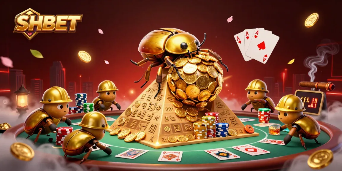 SHBET showcases an epic scene with golden beetles symbolizing wealth, poker elements, and a vibrant casino setting.