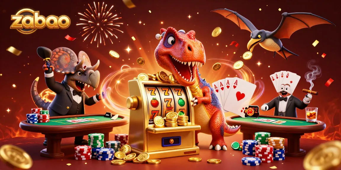 Zaobao slot machine wins as a dinosaur manages a chaotic casino scene while catching coins.