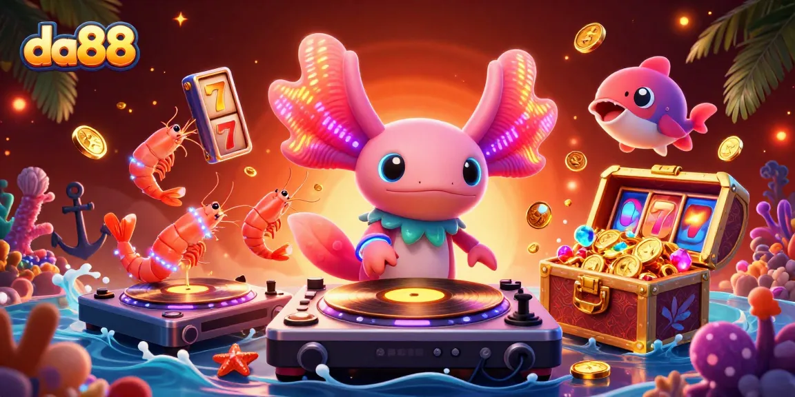Dive into da88's vibrant atmosphere, showcasing a neon axolotl DJ amidst thrilling slot game vibes.