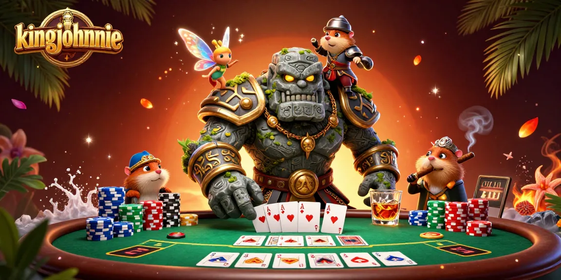 Engage with the lively kingjohnnie scene featuring a golem, fairy, and hamster knight at a poker table.