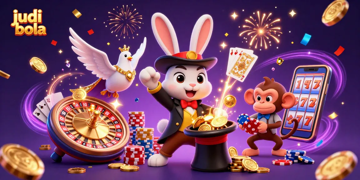 Experience thrilling judi bola action with golden coins, poker chips, and a dazzling magician.