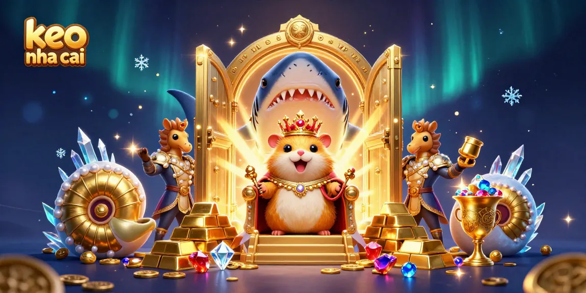 Engage with keo nha cai by exploring a dynamic underwater scene of a golden hamster king on a throne surrounded by treasures and guardians.