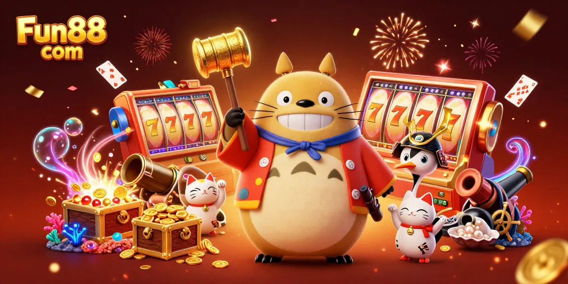 Experience the excitement of Fun88 com with cheerful tanuki, lucky mallet, and vibrant casino elements!
