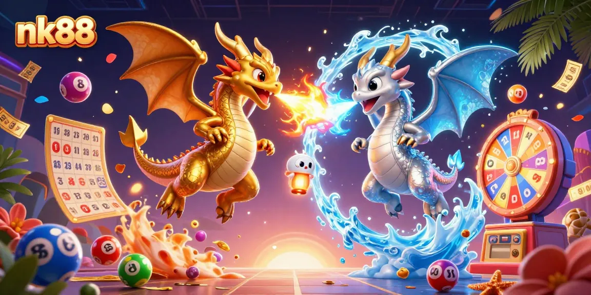 Experience nk88's thrilling gaming adventure with vibrant lottery balls and animated dragons.
