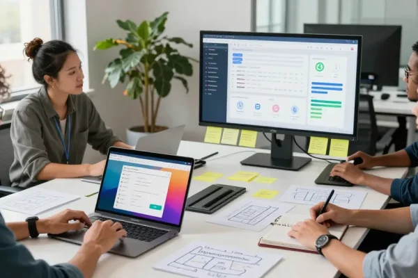 Build internal tools with AI in a collaborative office setting with diverse professionals focused on no-code development.
