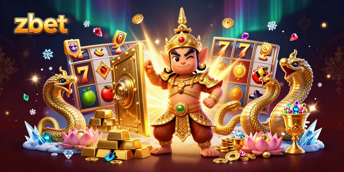 ZBET offers a thrilling gaming experience with a vibrant depiction of slot reels and treasures.