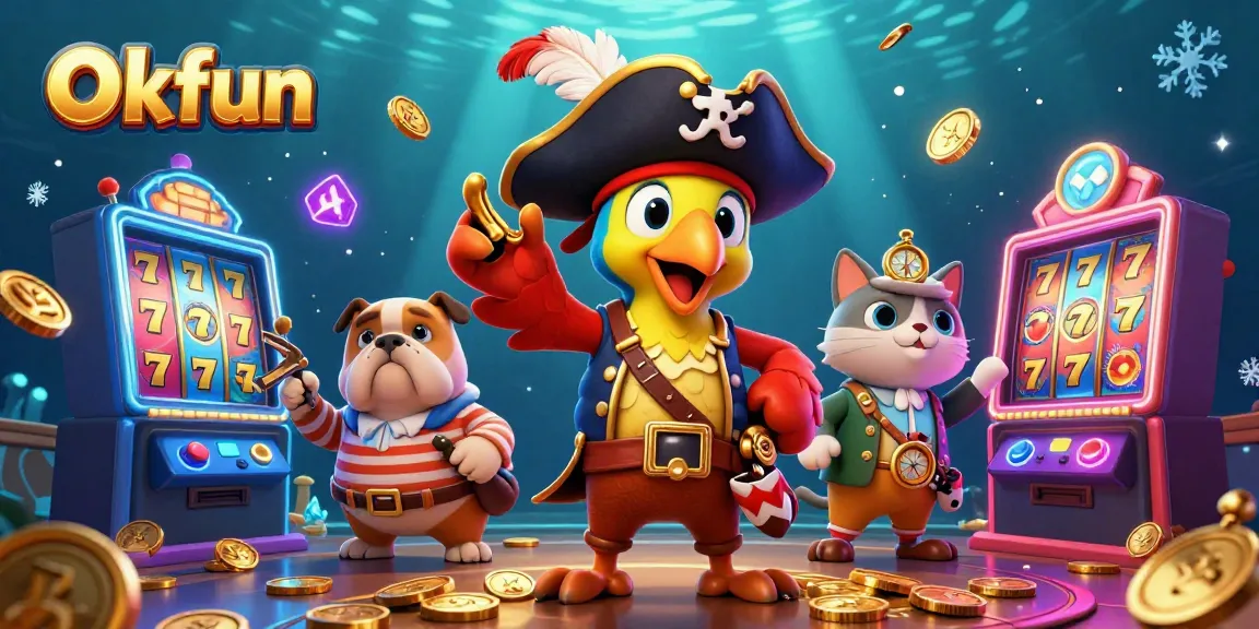 Engage with thrilling slot games at Okfun, featuring colorful machines, vibrant characters, and an energetic casino atmosphere.